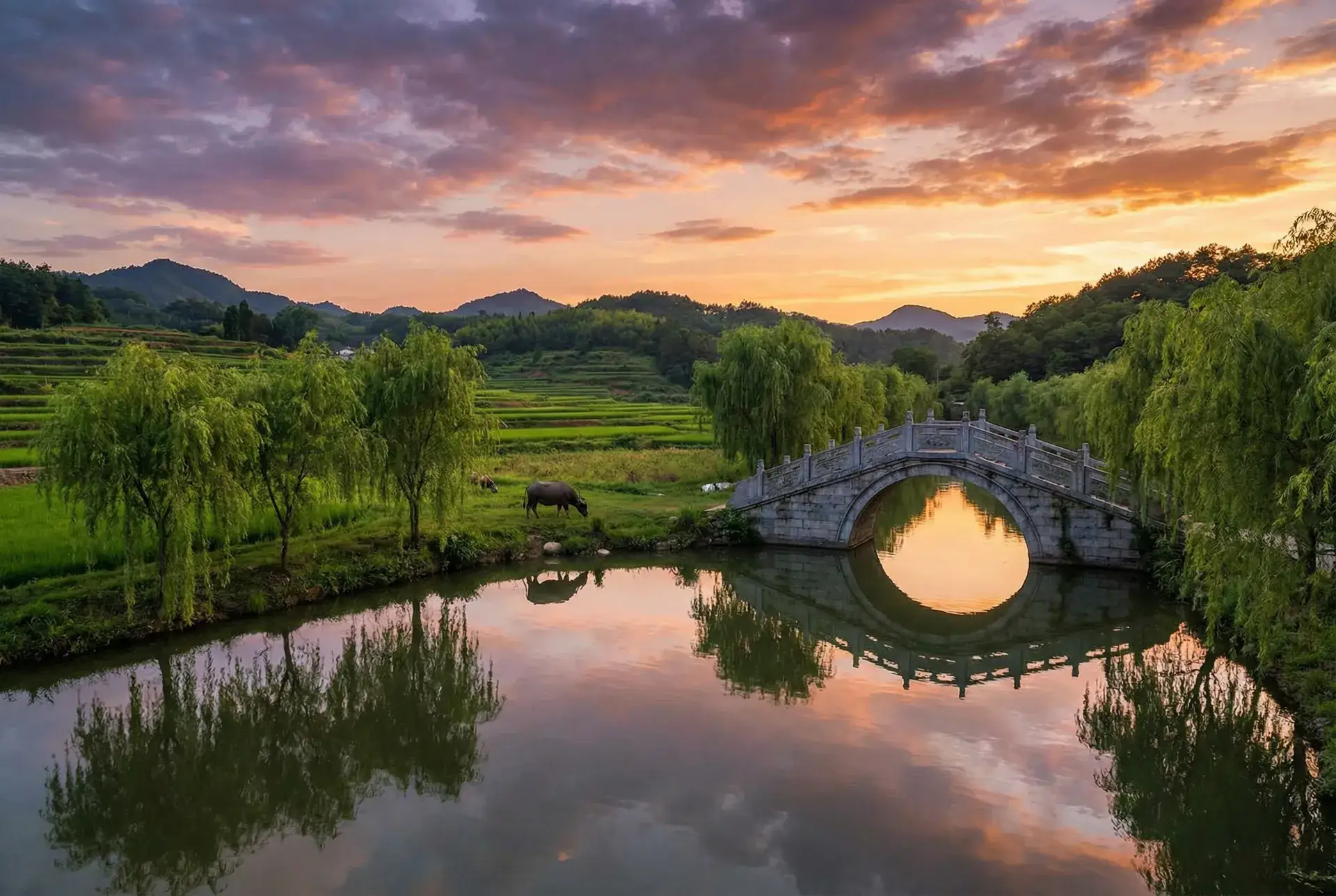 夕阳下的石拱桥与垂柳，水牛在河边吃草 - 明日花绮罗全集 乡村美景